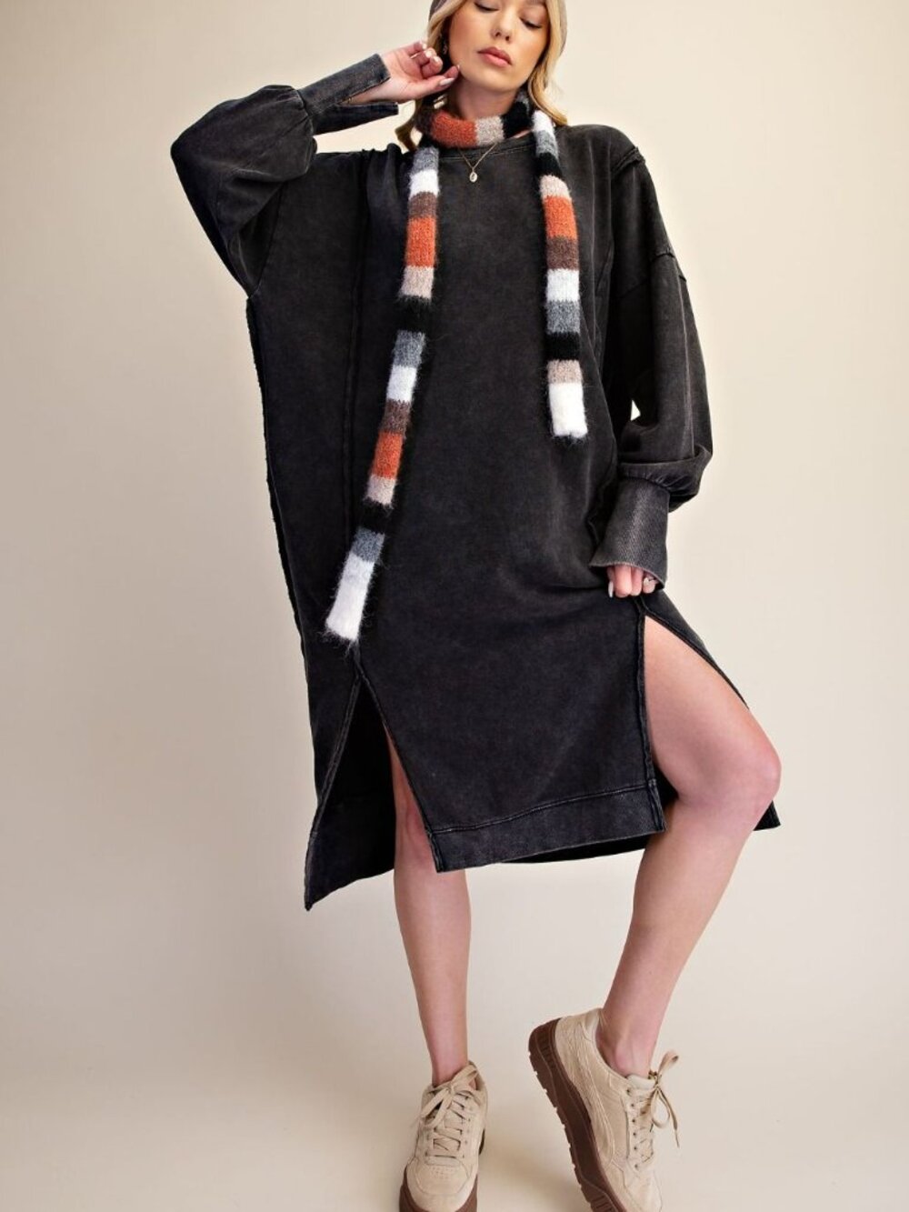 094 EASEL ASH BLACK WASHED TERRY PULLOVER DRESS SML NWT
